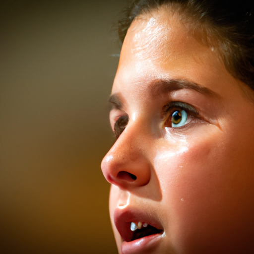 צילום תקריב של פניה של ילדה, המשקף אותנטיות ורגש עמוק במהלך נאום בת המצווה שלה